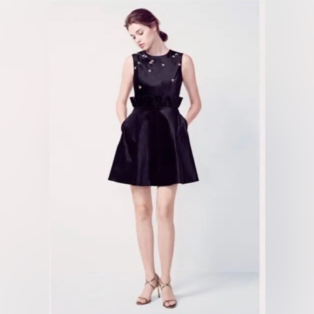 Ted Baker - Black Velvet Fit & Flare Dress W/ Beaded Bee Embellishment.Size 1